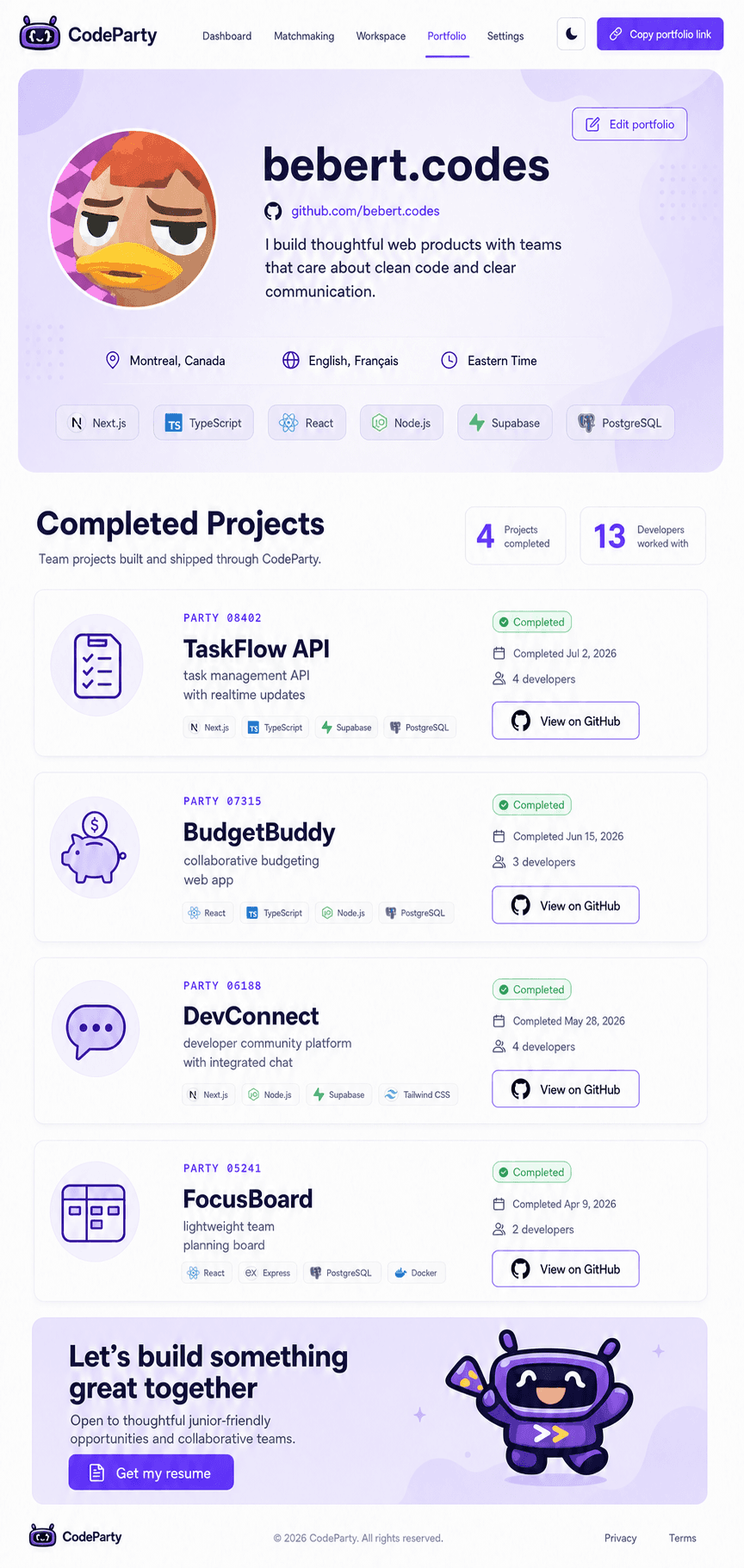 CodeParty public portfolio showing completed collaborative projects