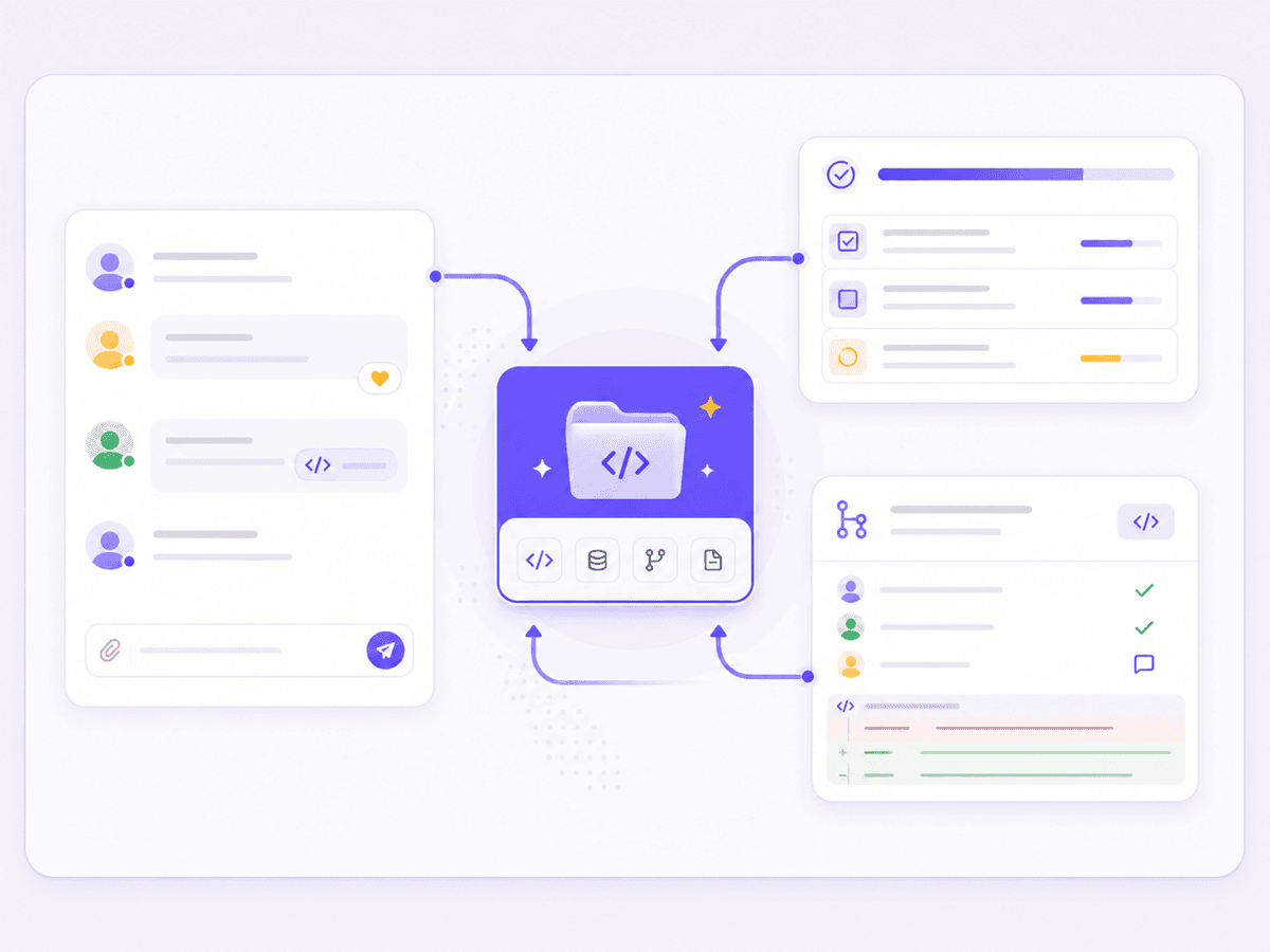 Shared project workspace connecting chat, tasks, repository, and pull requests